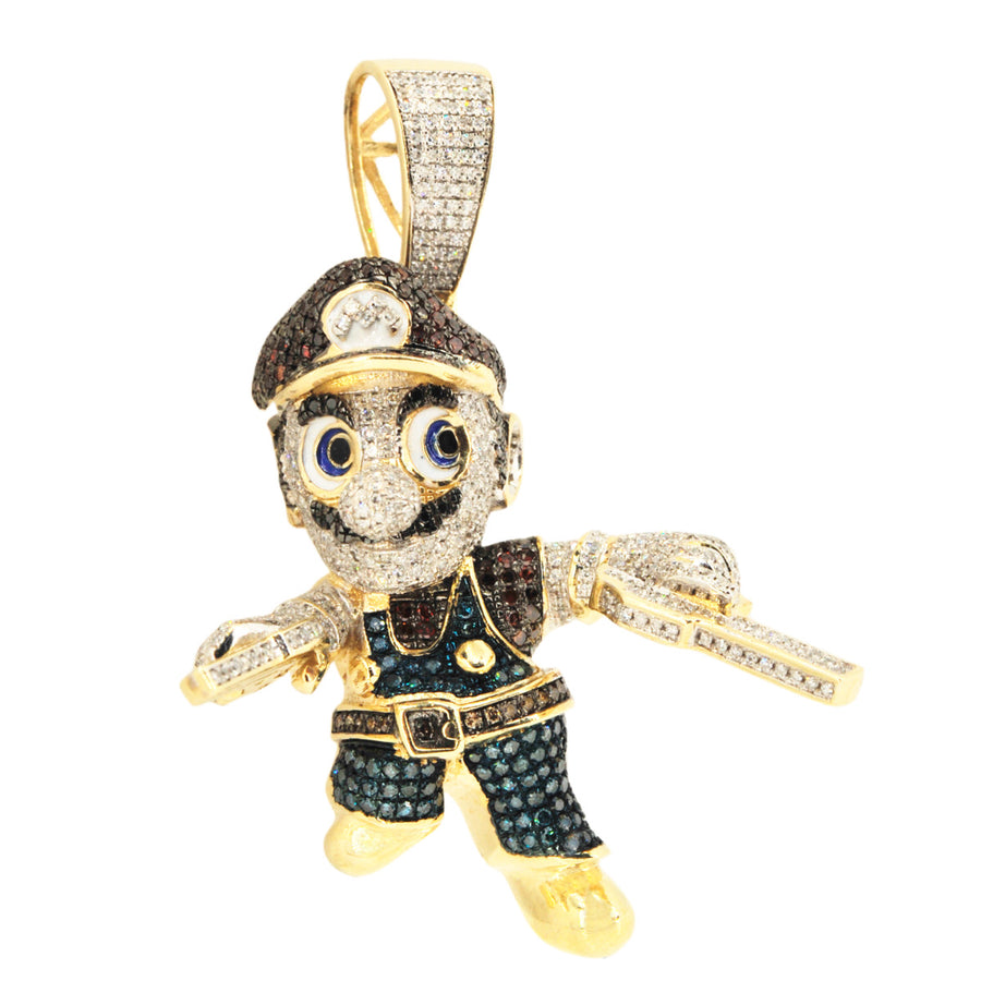 10k Yellow Gold 2.65ctw Diamond Cartoon Plumber w/ Guns Pendant