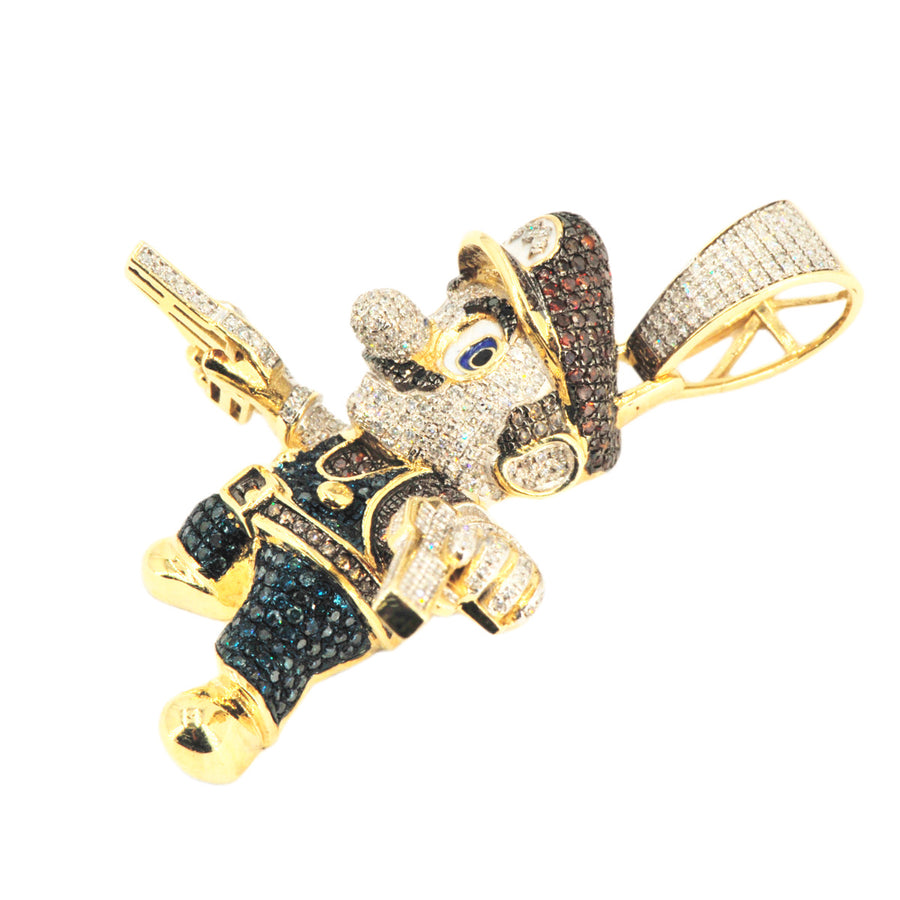 10k Yellow Gold 2.65ctw Diamond Cartoon Plumber w/ Guns Pendant